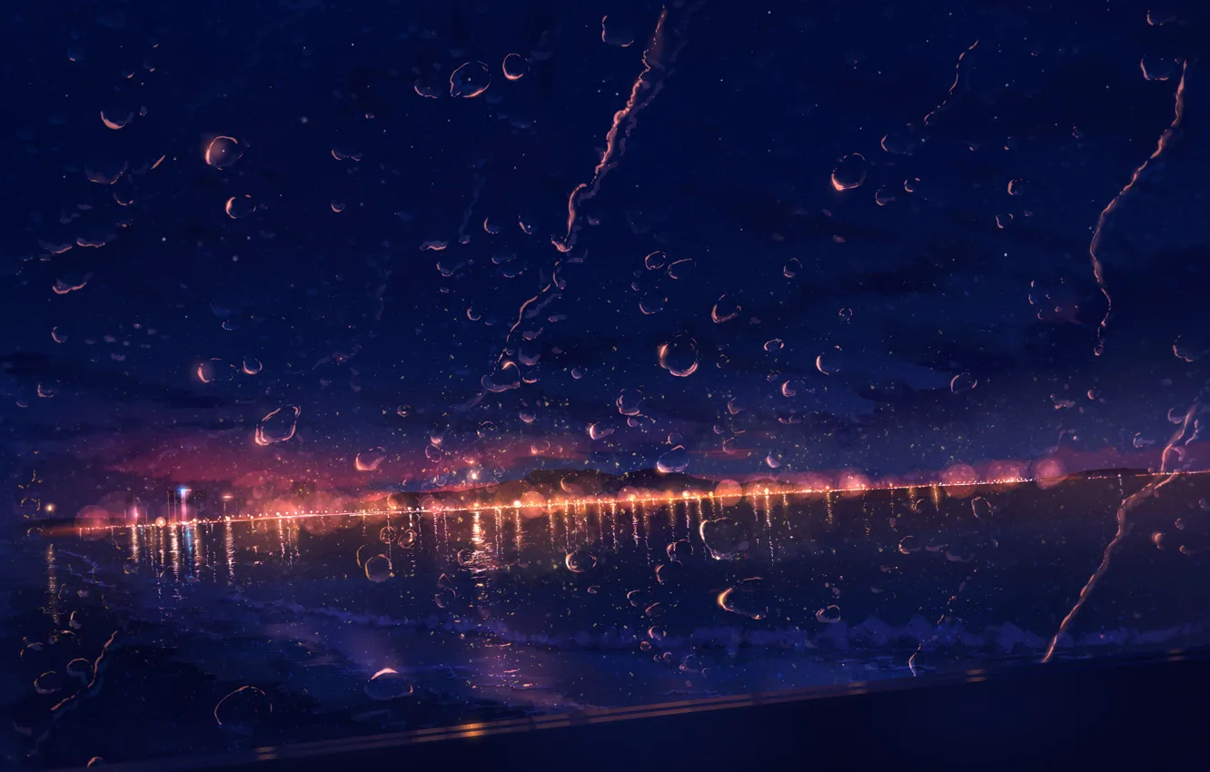 Photo wallpaper sea, lights, rain, the evening, window, by JW