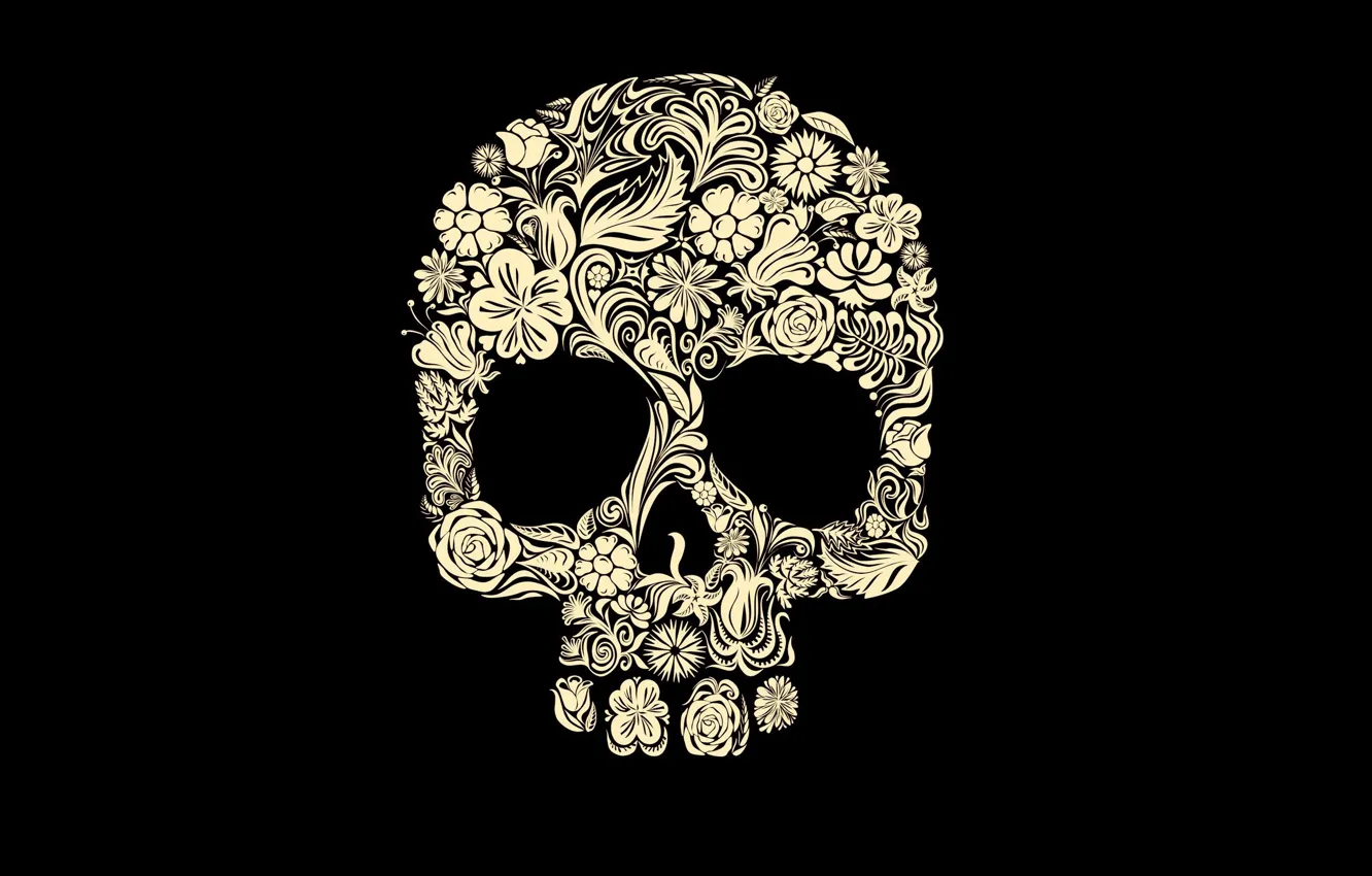 Photo wallpaper flowers, patterns, skull, head, skeleton, sake, black background