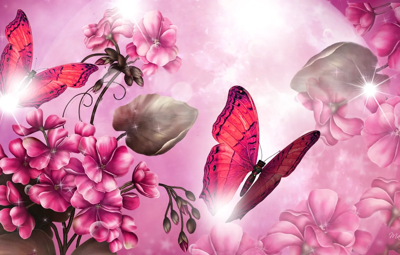 Photo wallpaper light, flowers, collage, butterfly, Blik