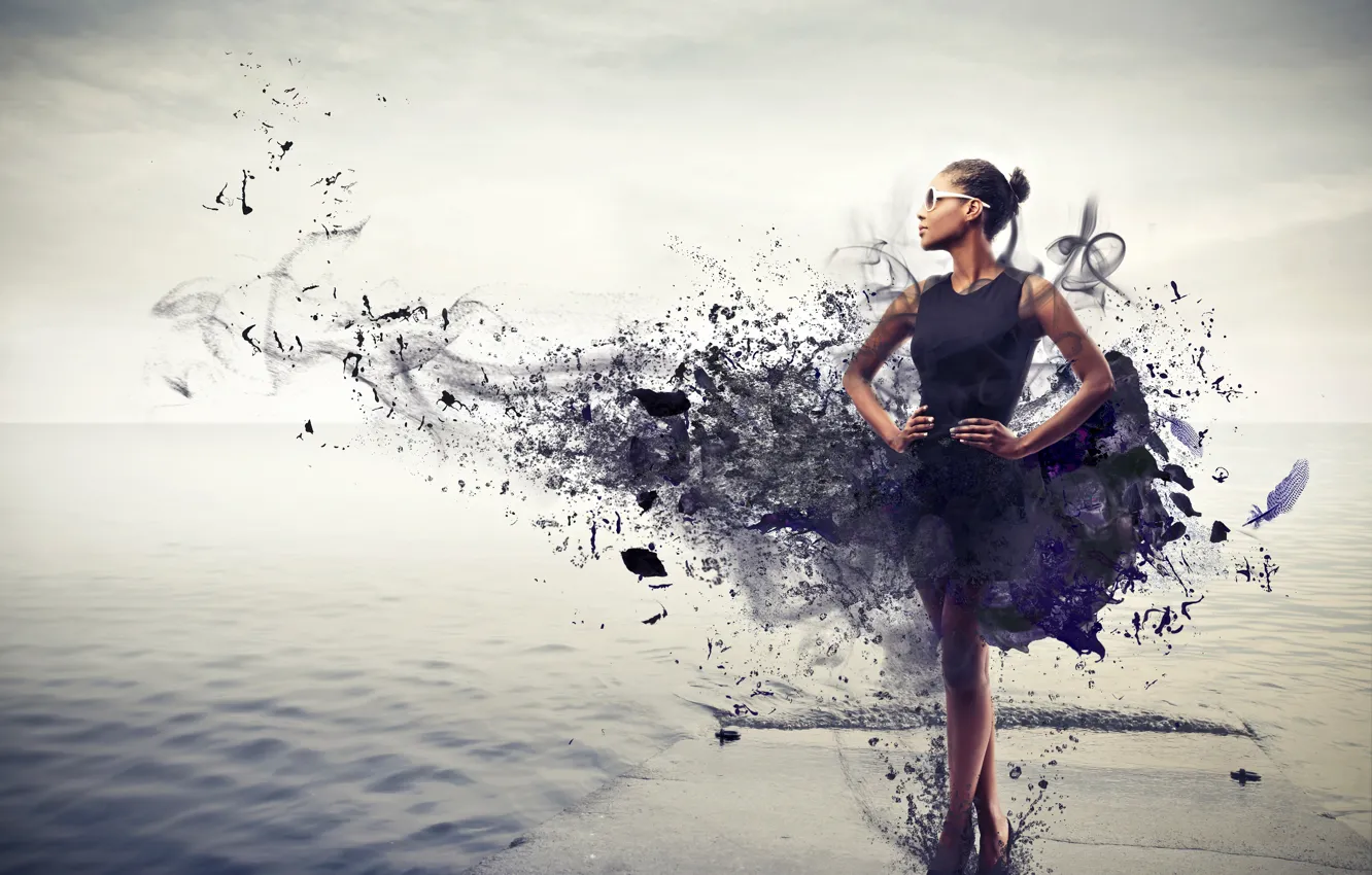 Photo wallpaper sea, the sky, girl, abstraction, pose, creative, makeup, figure