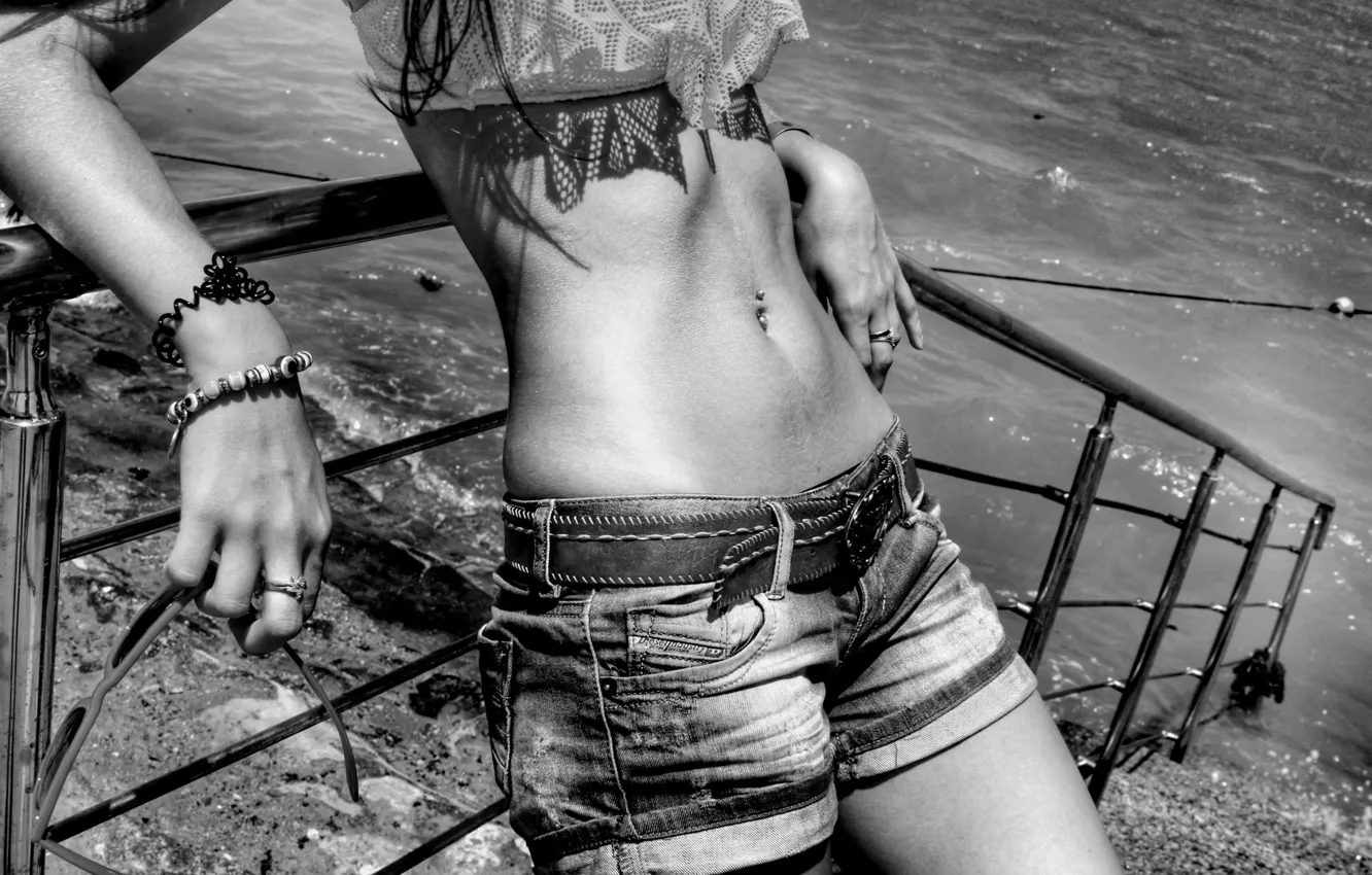 Photo wallpaper girl, photo, body, slim, belly, beautiful, black and white, lean