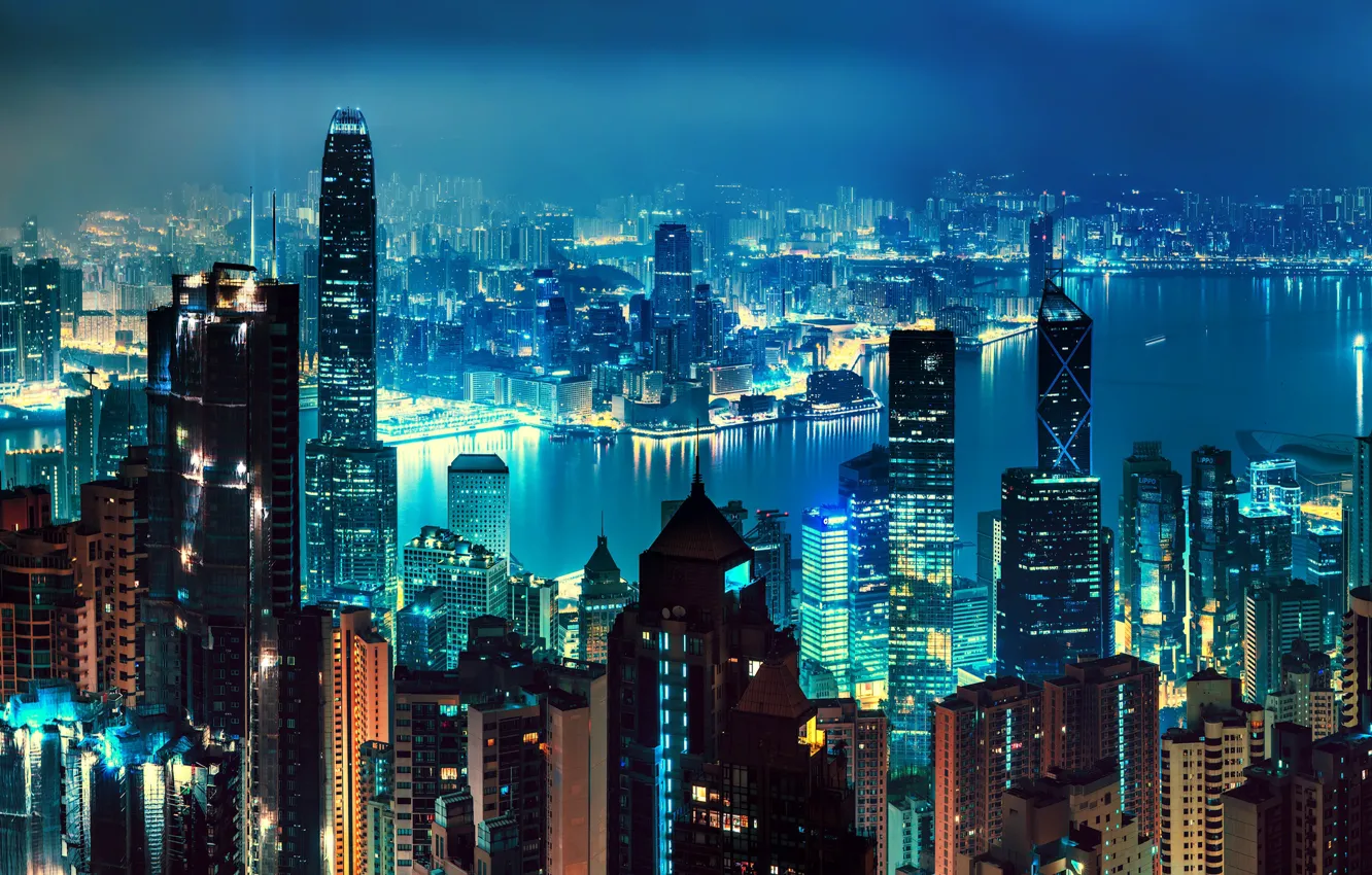 Photo wallpaper night, lights, river, home, Hong Kong, skyscrapers, panorama, China