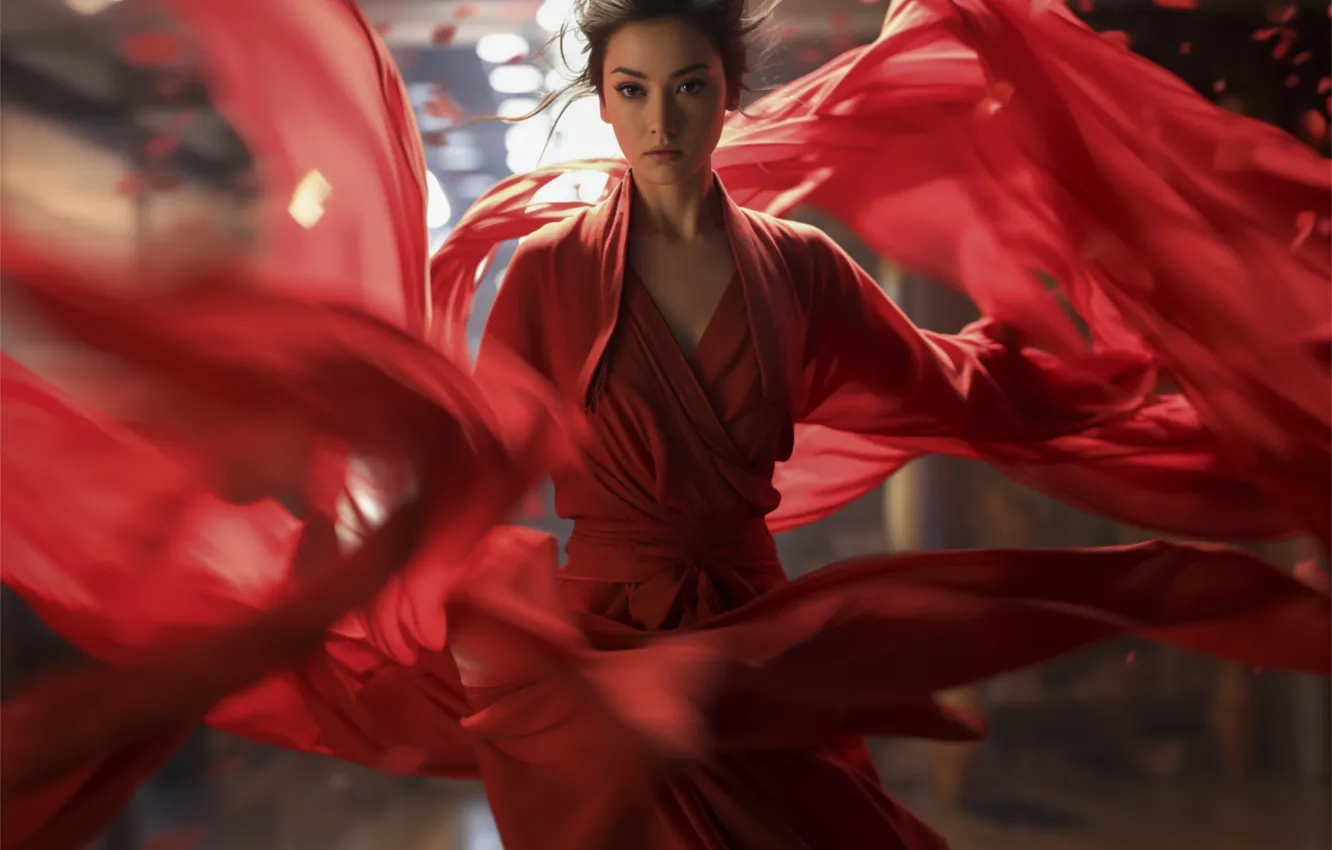 Photo wallpaper look, girl, red, pose, movement, hands, silk, kimono