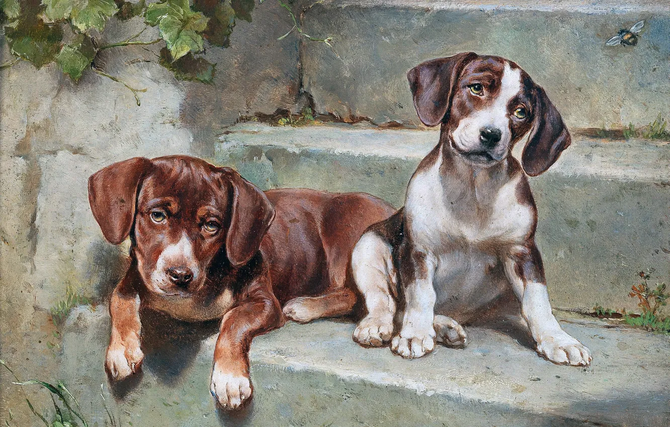 Photo wallpaper Puppies, Picture, Dogs, Two, Carl Reichert, Carl Reichert, Austrian artist, Disrupted Siesta