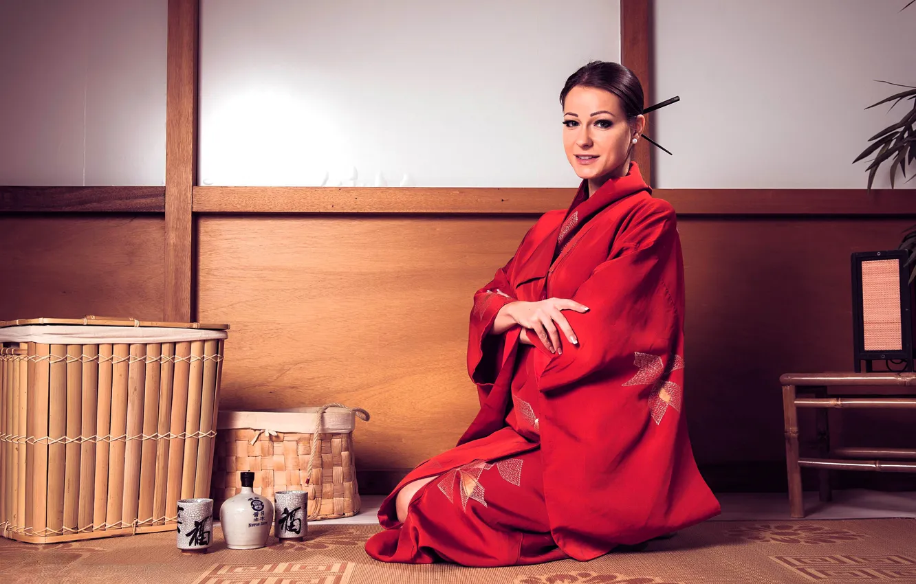 Photo wallpaper basket, carpet, bottle, outfit, brown hair, kimono, Melisa Mendini
