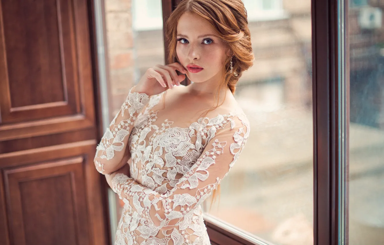 Photo wallpaper look, girl, pose, portrait, hands, window, red, redhead
