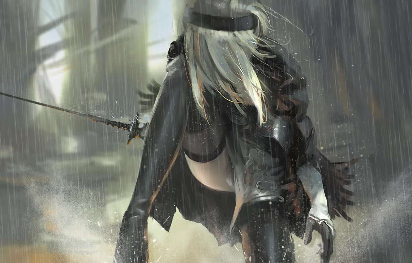 Photo wallpaper girl, sword, NieR: Automata, YoRHa No. 2 Type B, by Wlop