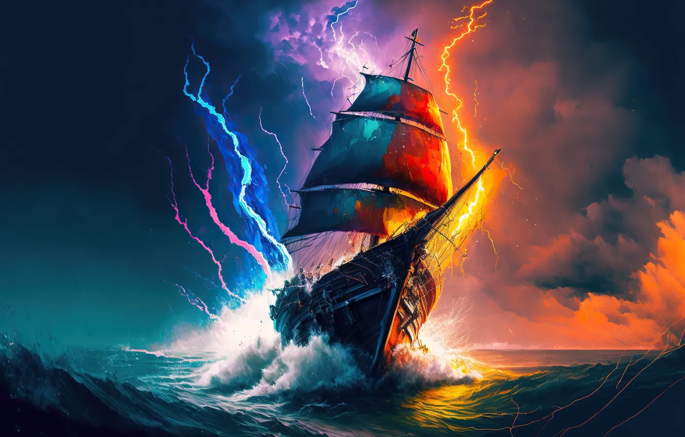 Photo wallpaper storm, sea, lightning, ship, sailboat
