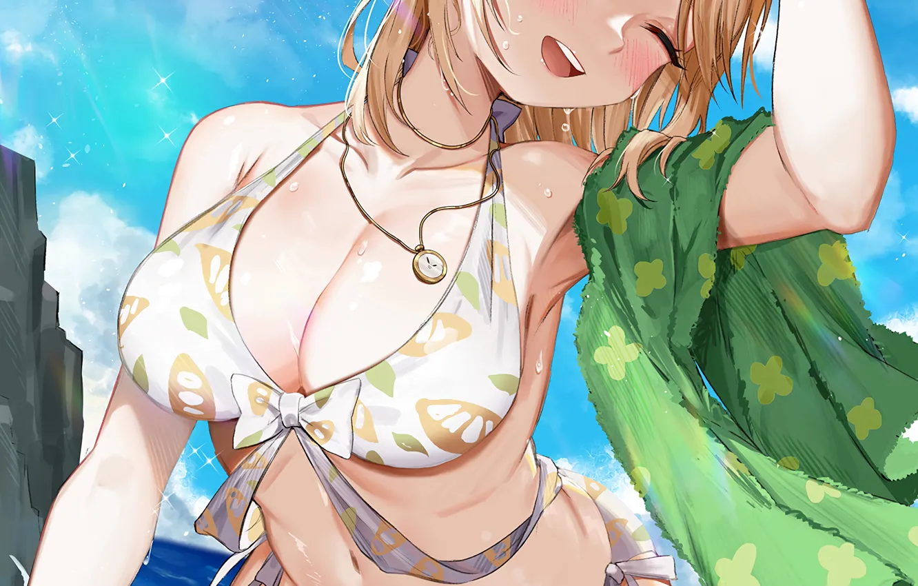 Photo wallpaper girl, sexy, wet, cleavage, boobs, anime, blue eyes, beautiful