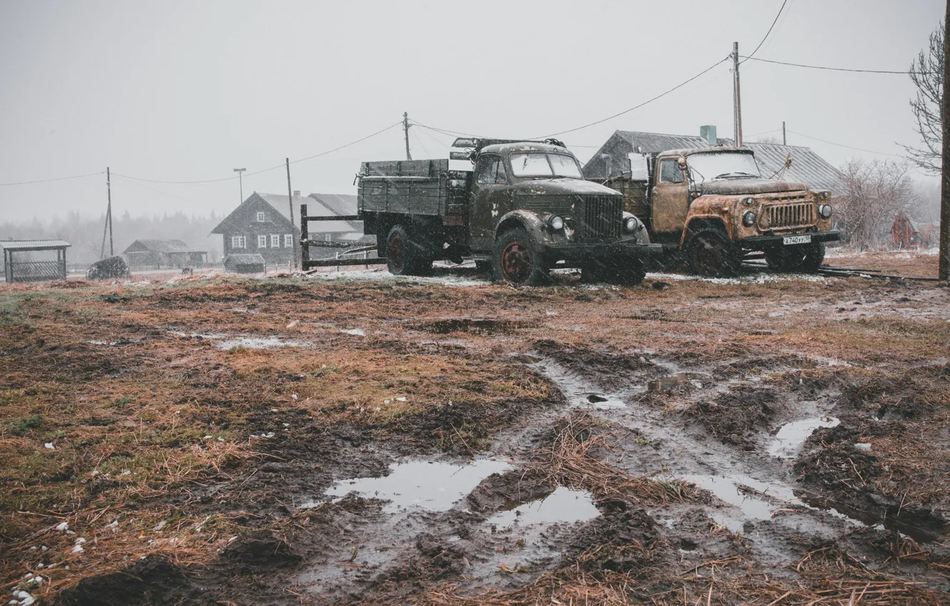 Photo wallpaper Russia, Snow, Village, Trucks, Cold, Mud, Artem Maltsev, Old Trucks