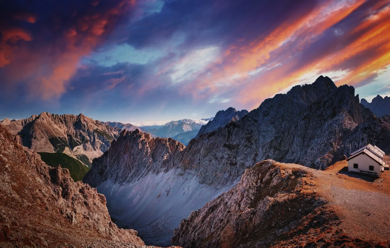 Photo wallpaper clouds, Austria, cottage