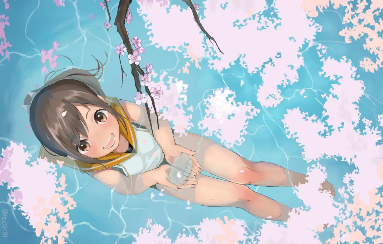 Photo wallpaper water, girl, joy, anime, petals, Sakura, art, form