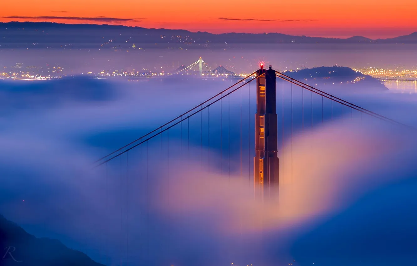 Photo wallpaper bridge, fog, the evening, CA, San Francisco, Golden gate