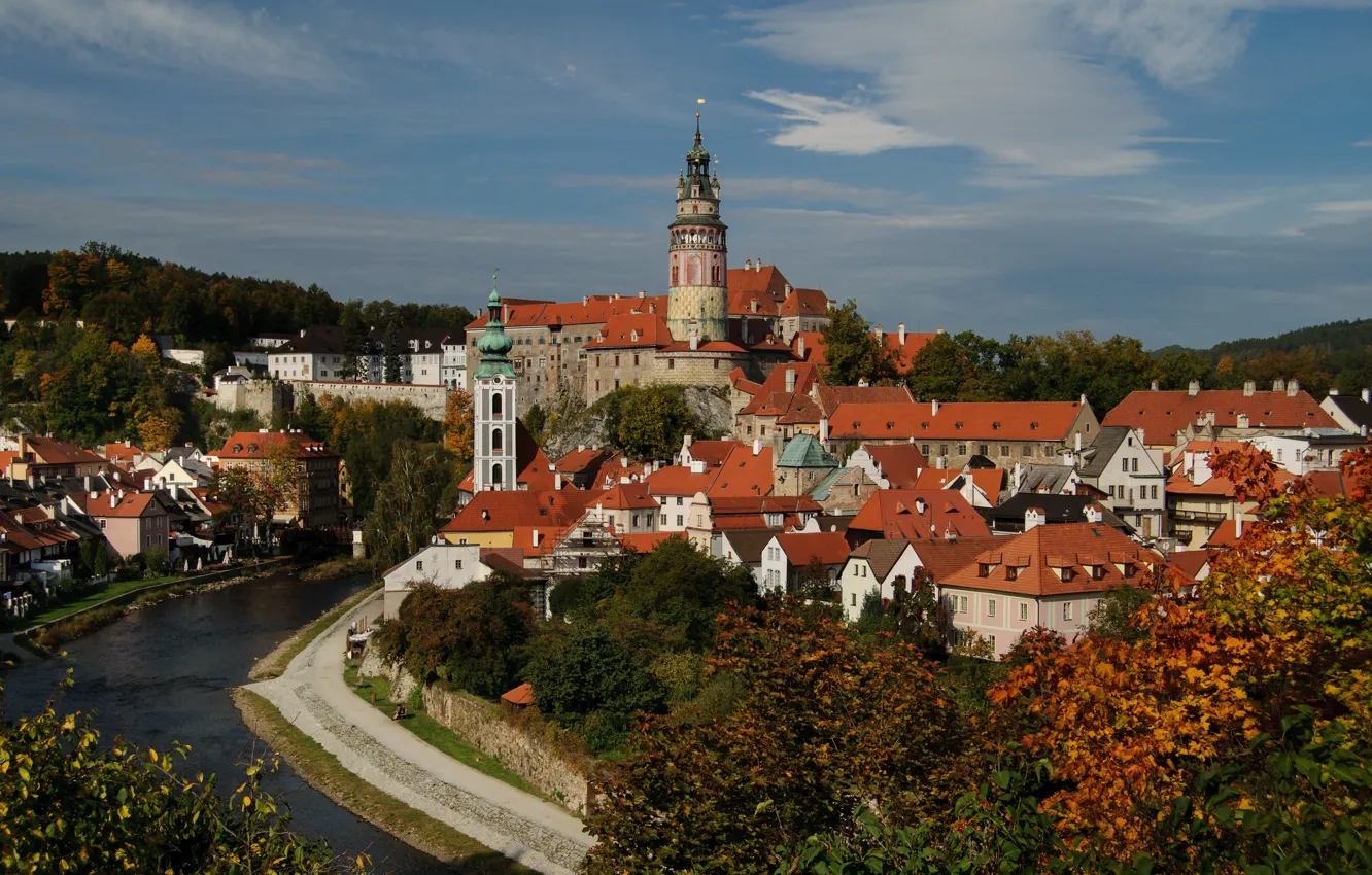 Photo wallpaper river, tower, home, Czech Republic, panorama, Cesky Krumlov