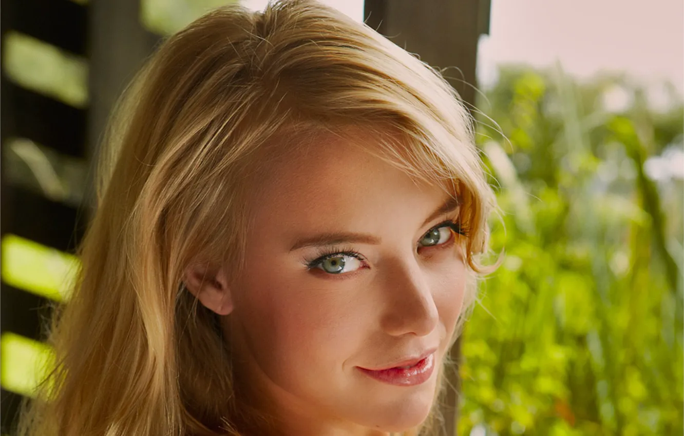 Photo wallpaper smile, model, lips, face, look, blonde, plants, Happy