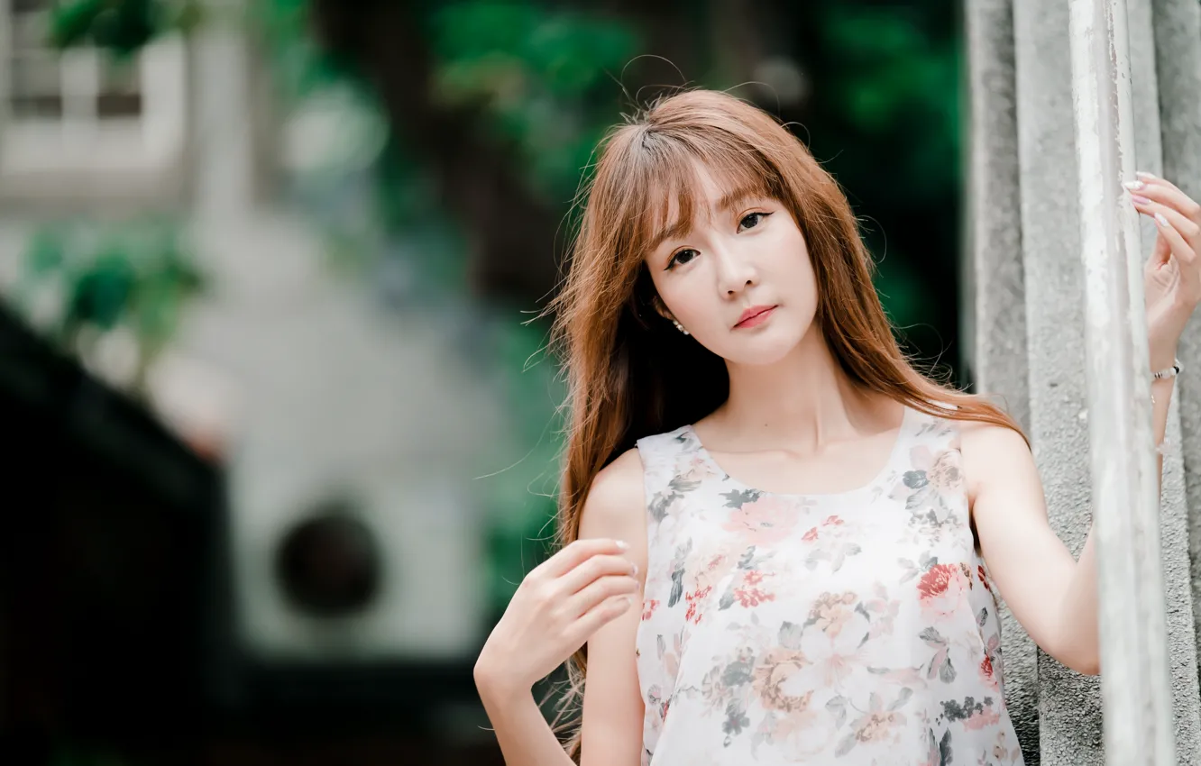 Photo wallpaper look, girl, hair, Asian, bokeh