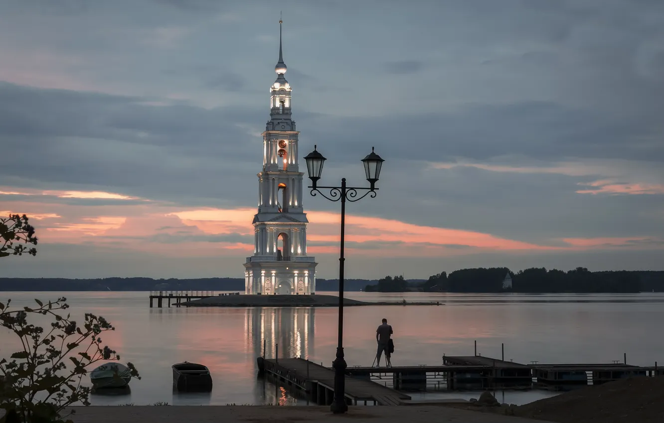 Photo wallpaper landscape, the city, river, the evening, Volga, the bell tower, Kalyazin, Elena Guseva