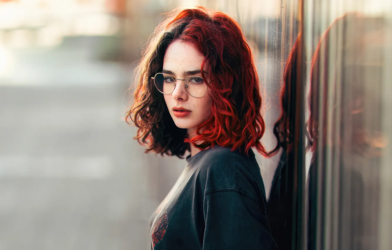 Photo wallpaper girl, face, redhead, glasses, portrait, freckled