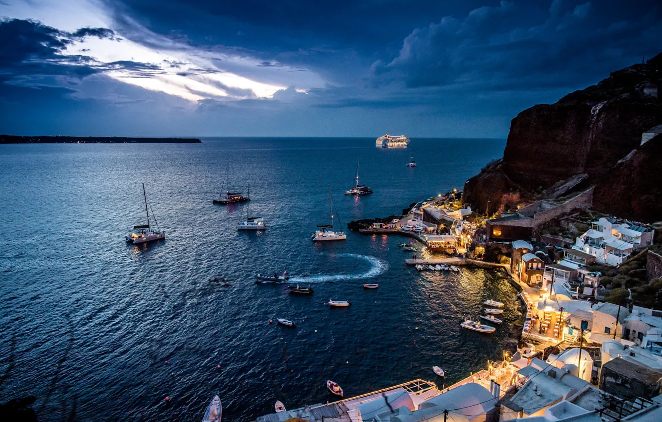 Photo wallpaper sea, mountains, the city, home, boats, the evening, Santorini, Greece