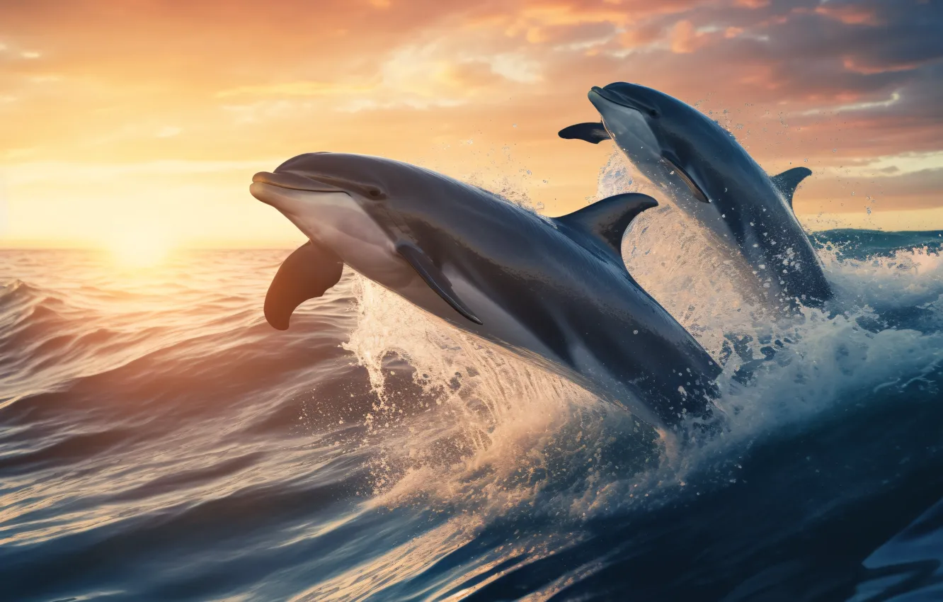 Photo wallpaper sea, wave, water, the ocean, jump, dolphins, swimming, sports