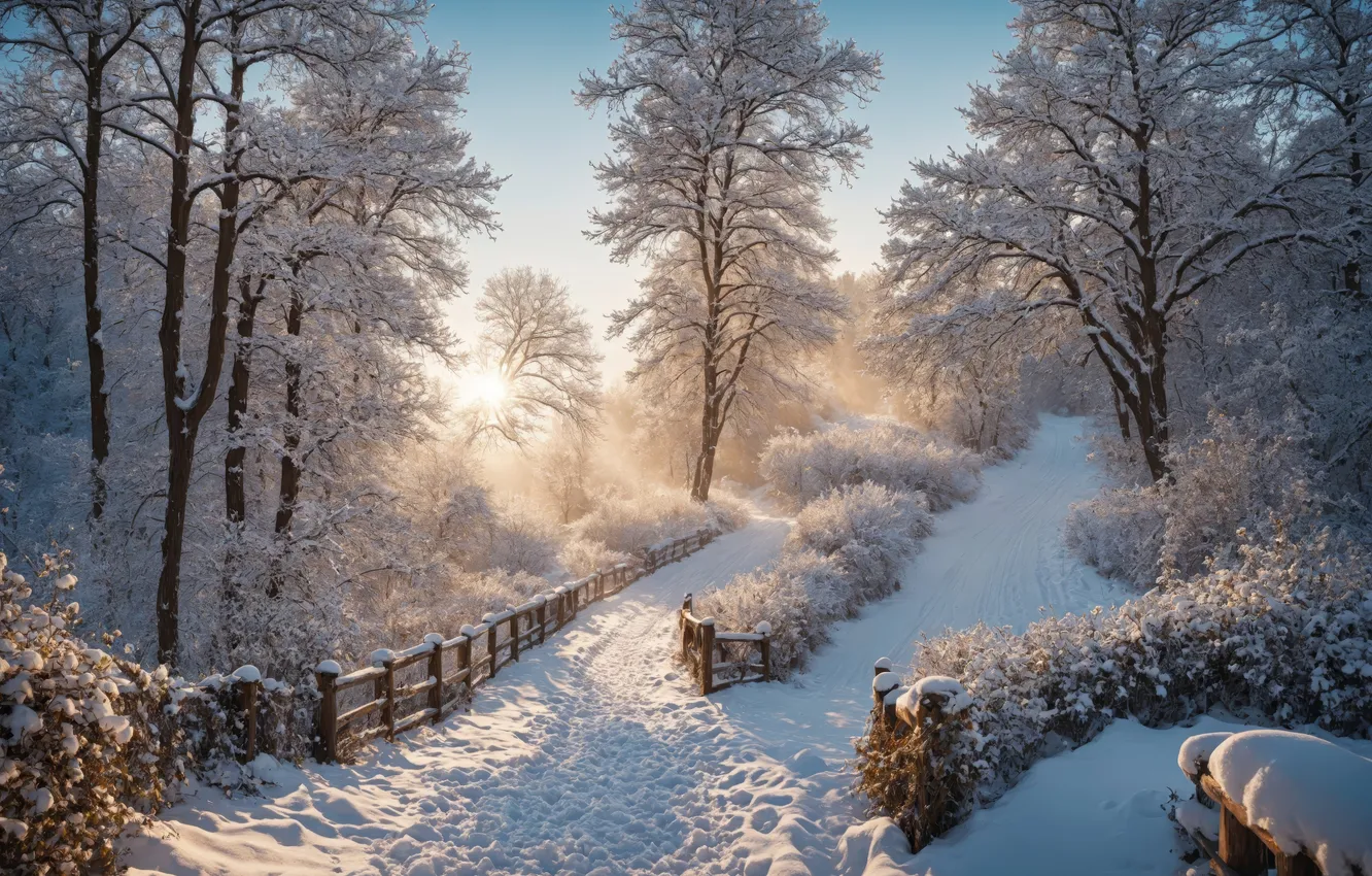 Photo wallpaper winter, frost, road, forest, the sun, rays, light, snow