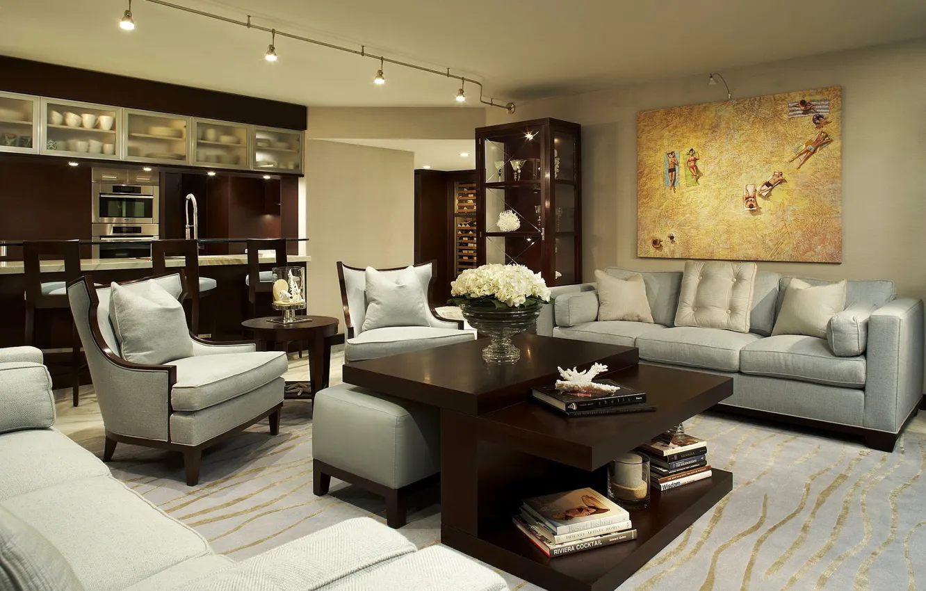 Photo wallpaper sofa, furniture, picture, chair, pillow, kitchen, book, vase