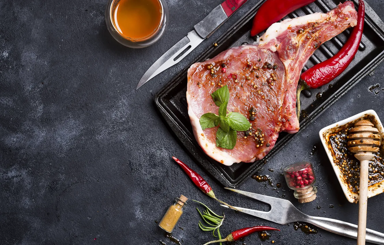 Photo wallpaper meat, spices, grill, Basil