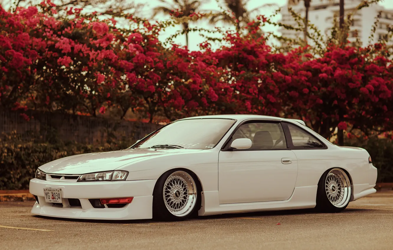 Photo wallpaper flowers, tuning, white, Silvia, Nissan, white, Nissan, Sylvia