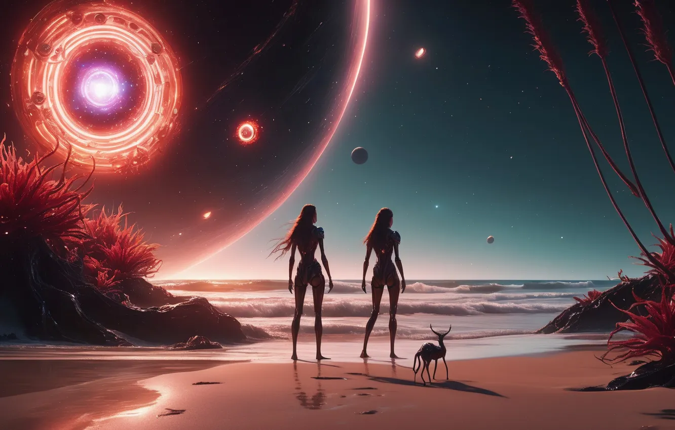 Photo wallpaper the ocean, planet, robot, being, two, Android, Other Worlds, Robots