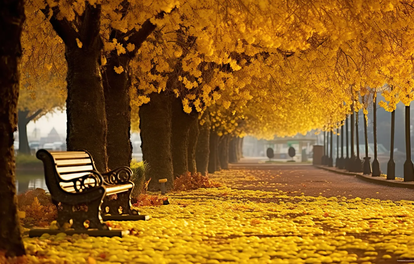 Photo wallpaper autumn, leaves, trees, Park, colorful, bench, park, autumn