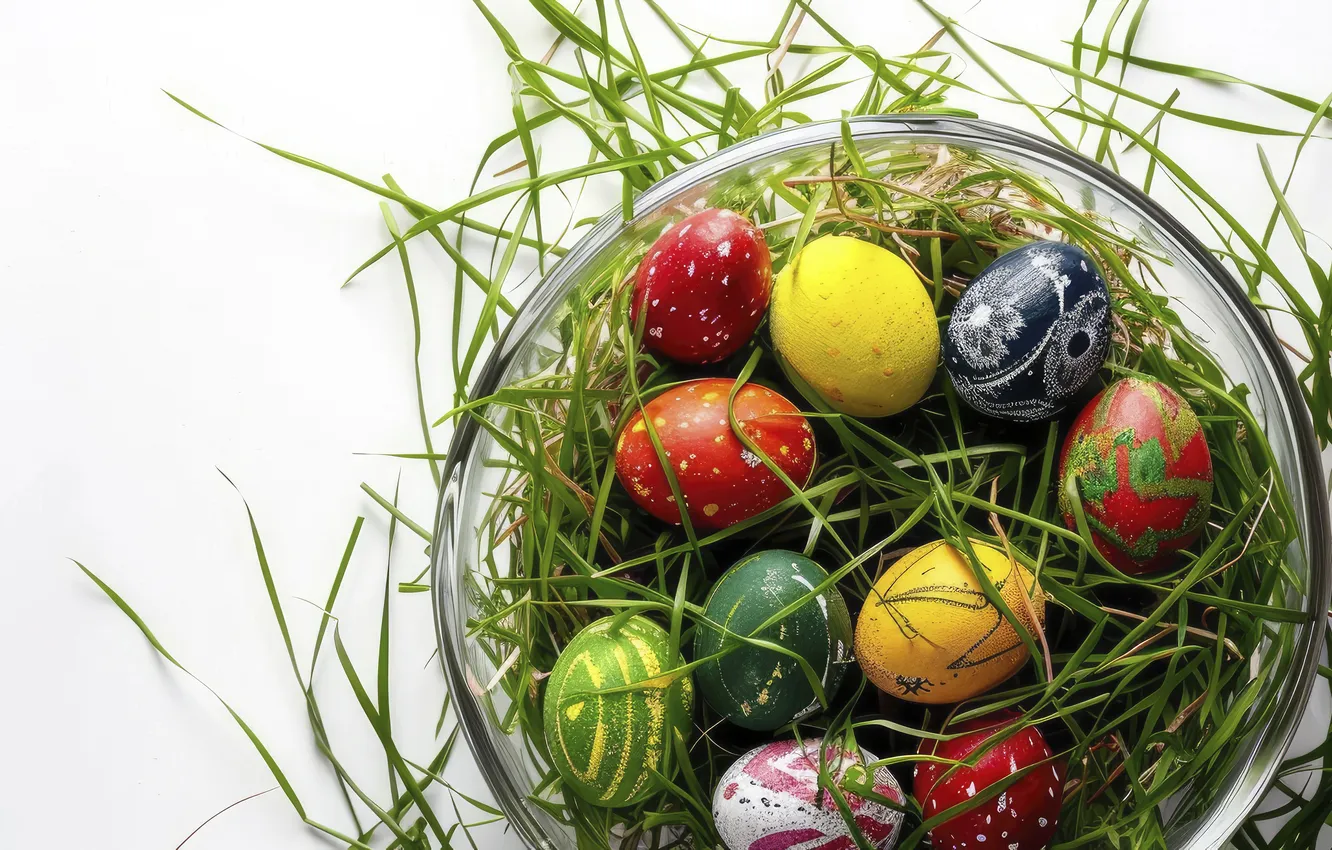 Photo wallpaper grass, holiday, eggs, spring, Easter, painted, eggs, AI art