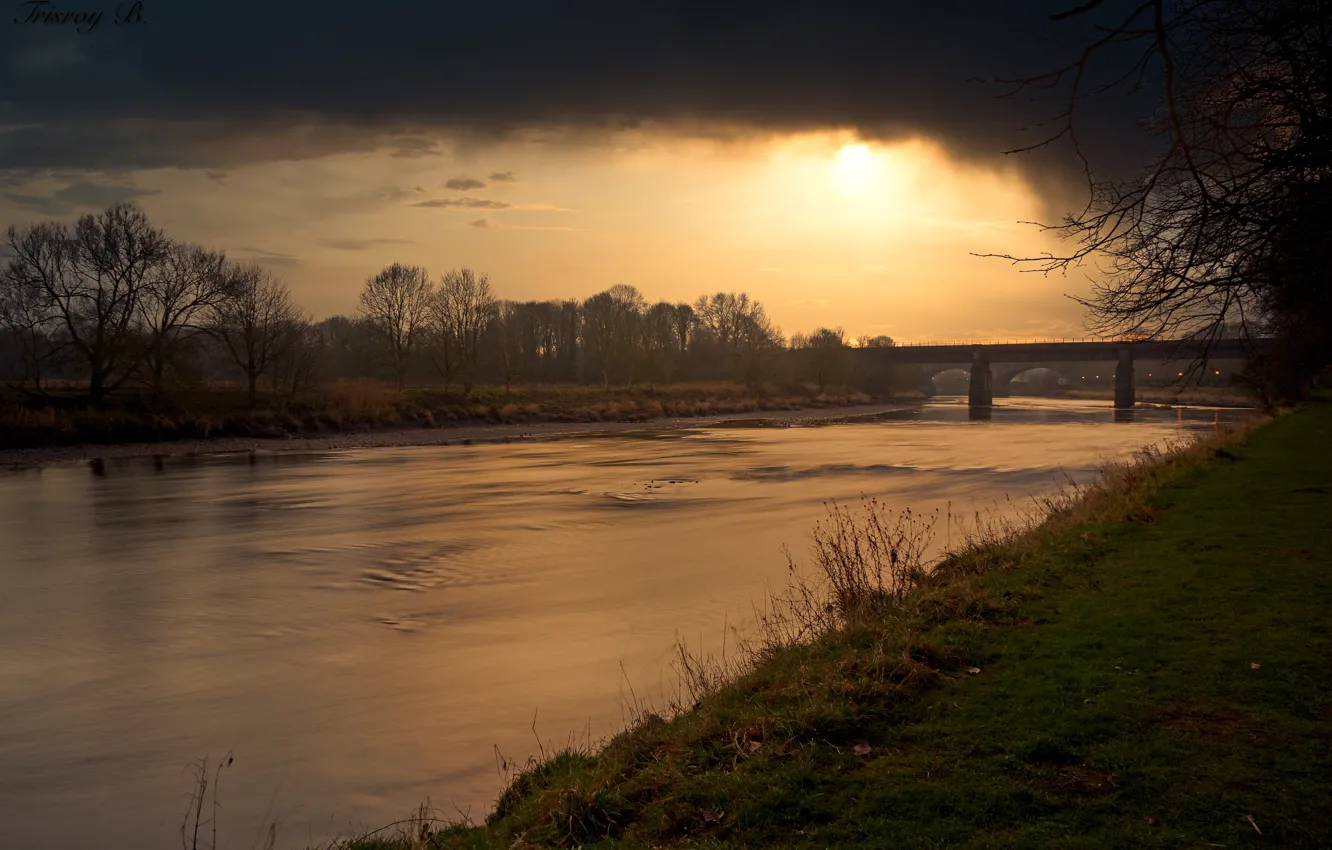 Photo wallpaper river, sky, bridge, sunset, water, clouds, dreamy, ambient
