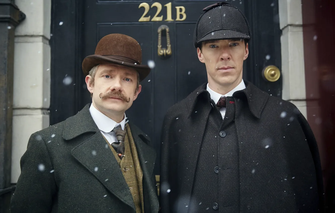 Photo wallpaper snow, hat, hat, two, friends, Sherlock Holmes, Martin Freeman, Benedict Cumberbatch