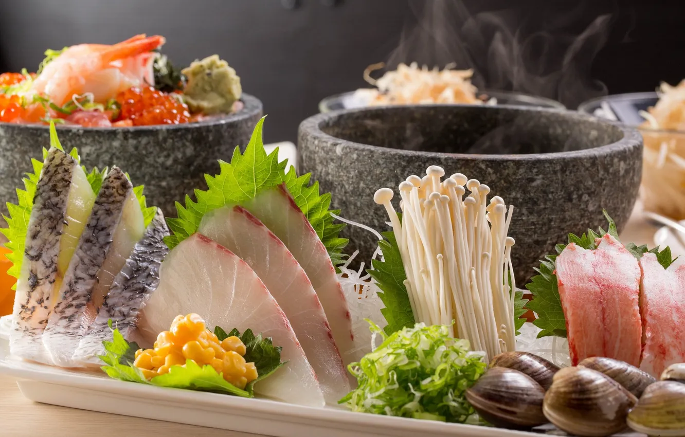 Photo wallpaper mushrooms, fish, shell, sushi, seafood, shellfish, Asian cuisine