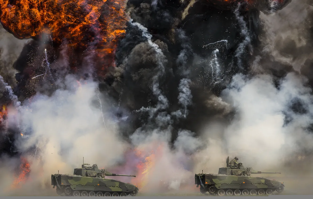 Photo wallpaper explosion, Tanks, Simulated fight
