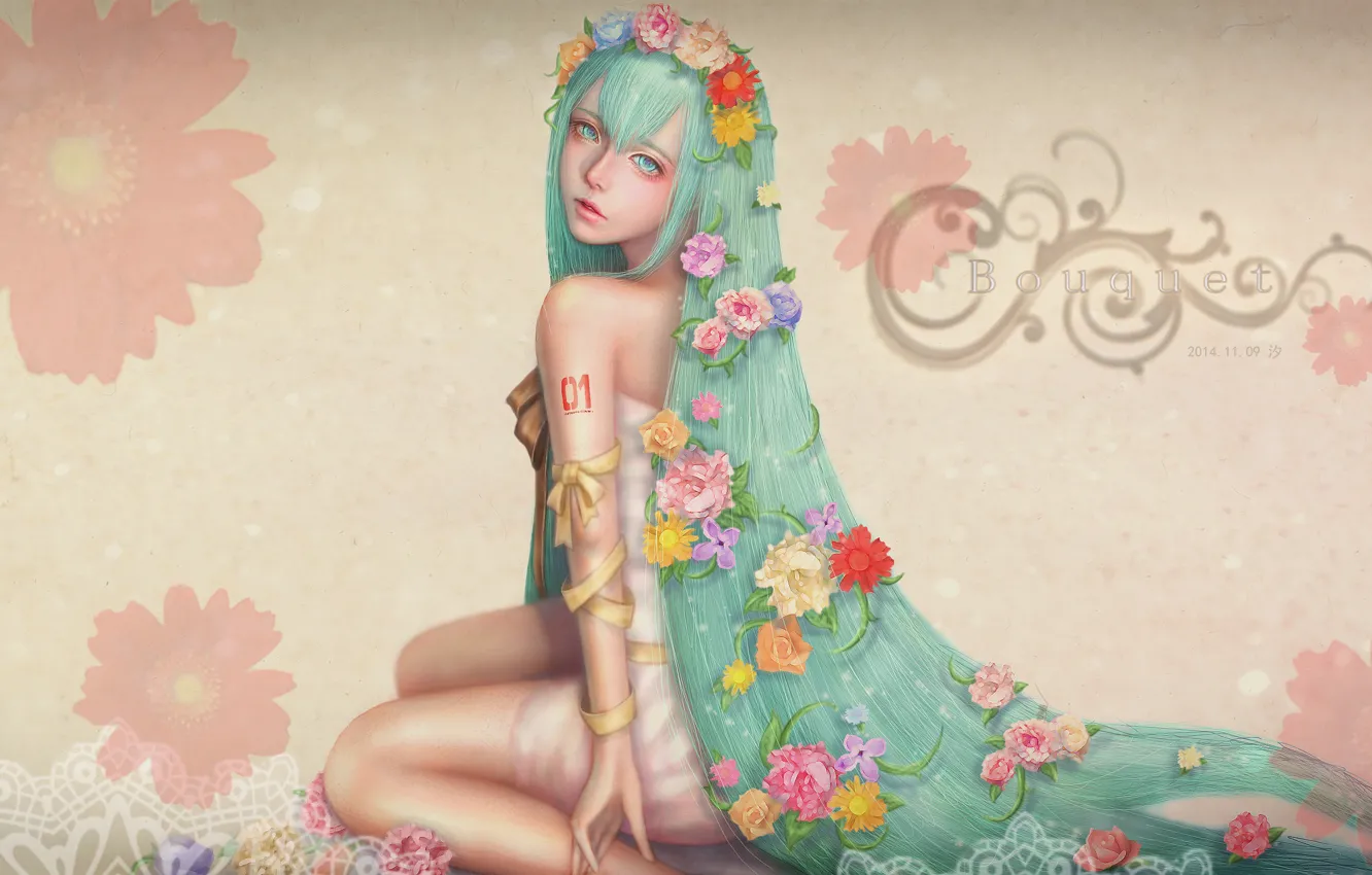 Photo wallpaper flowers, roses, chamomile, dress, sitting, Hatsune Miku, Vocaloid, Flower Crown