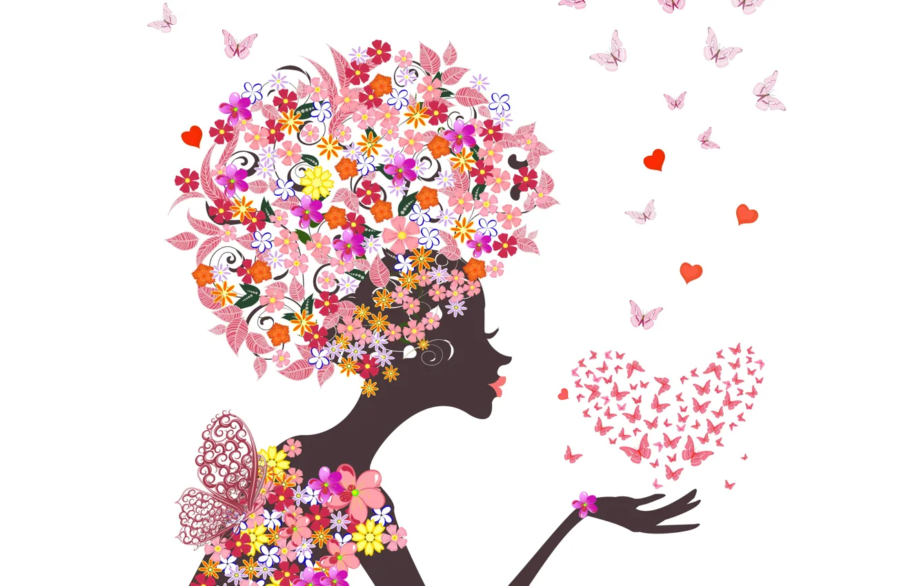 Photo wallpaper girl, flowers, abstraction, butterfly, hearts, girl, flowers, hearts