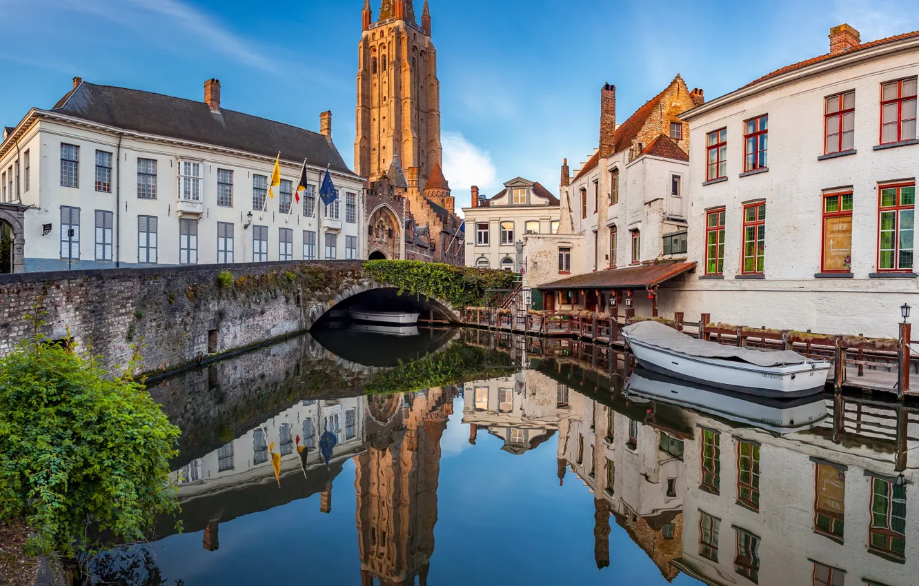 Photo wallpaper bridge, the city, reflection, river, boat, tower, home, Belgium