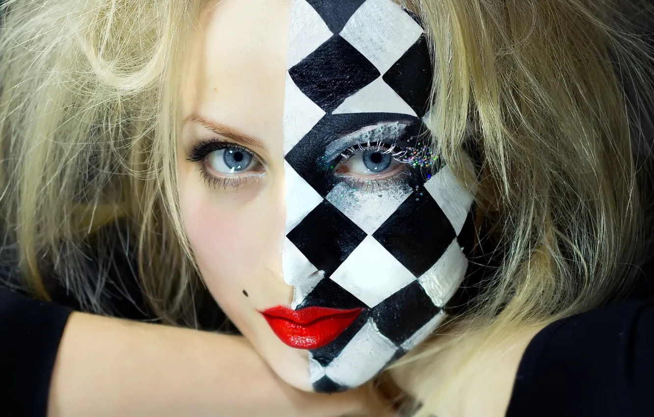 Photo wallpaper look, girl, face, eyelashes, makeup, blonde, chess Board, makeup