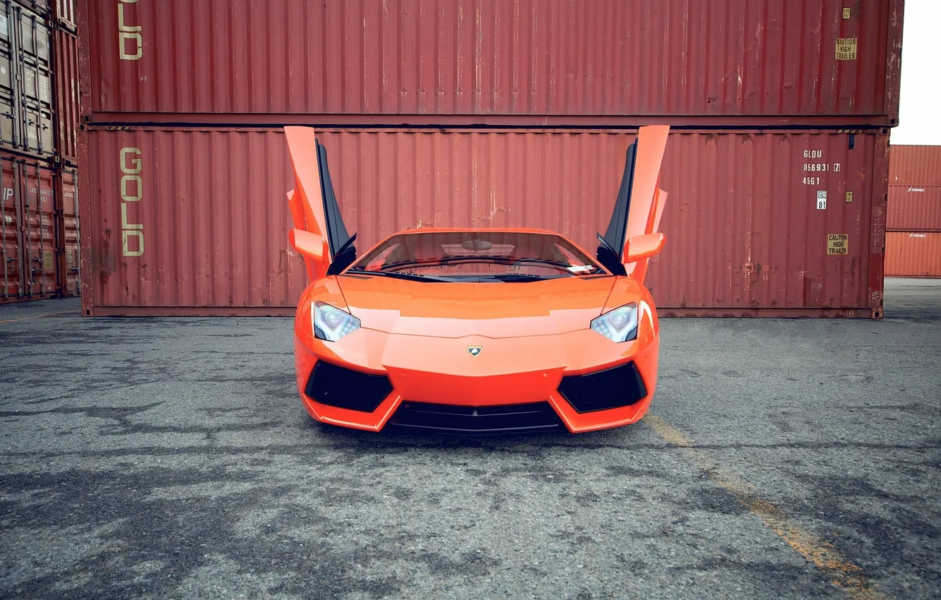 Photo wallpaper asphalt, orange, reflection, strip, Lamborghini, orange, LP700-4, Aventador