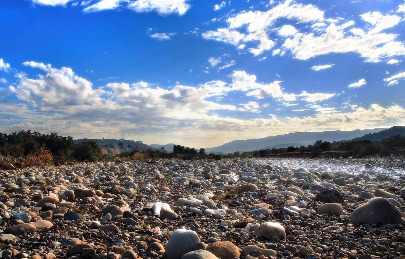 Photo wallpaper the sky, clouds, trees, river, stones