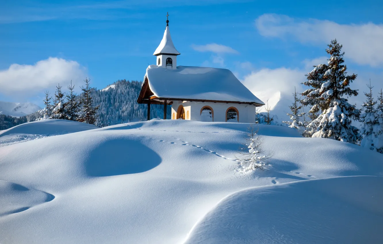 Photo wallpaper winter, snow, mountains, Austria, chapel