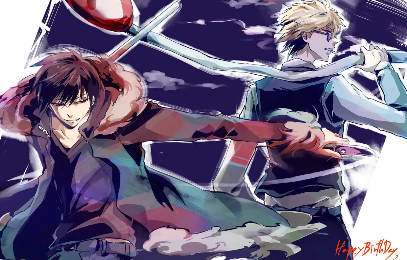 Photo wallpaper smoke, art, knife, guy, characters, road sign, enemies, Durarara