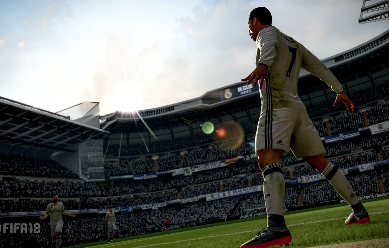 Photo wallpaper logo, Cristiano Ronaldo, game, Adidas, stadium, sun, soccer, Real Madrid