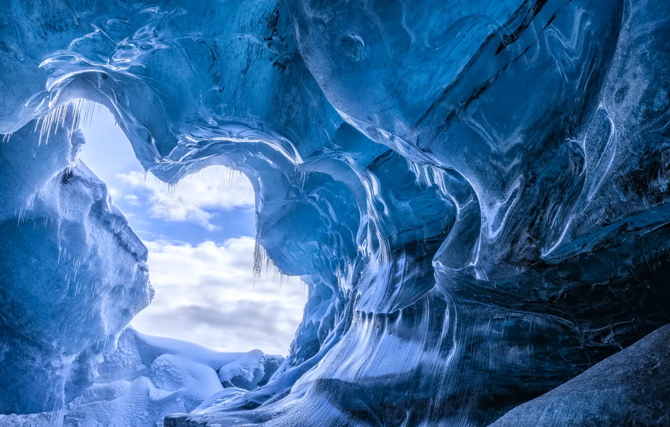 Photo wallpaper winter, snow, ice, icicles, cave, Iceland, the grotto