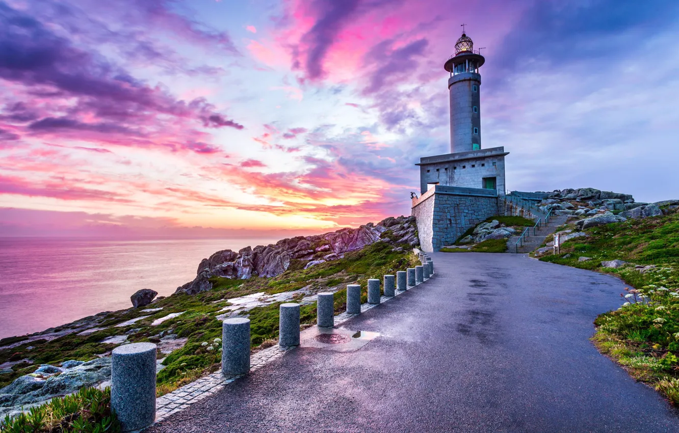 Photo wallpaper sea, clouds, nature, rock, lighthouse, track, Spain, Punta Nariga