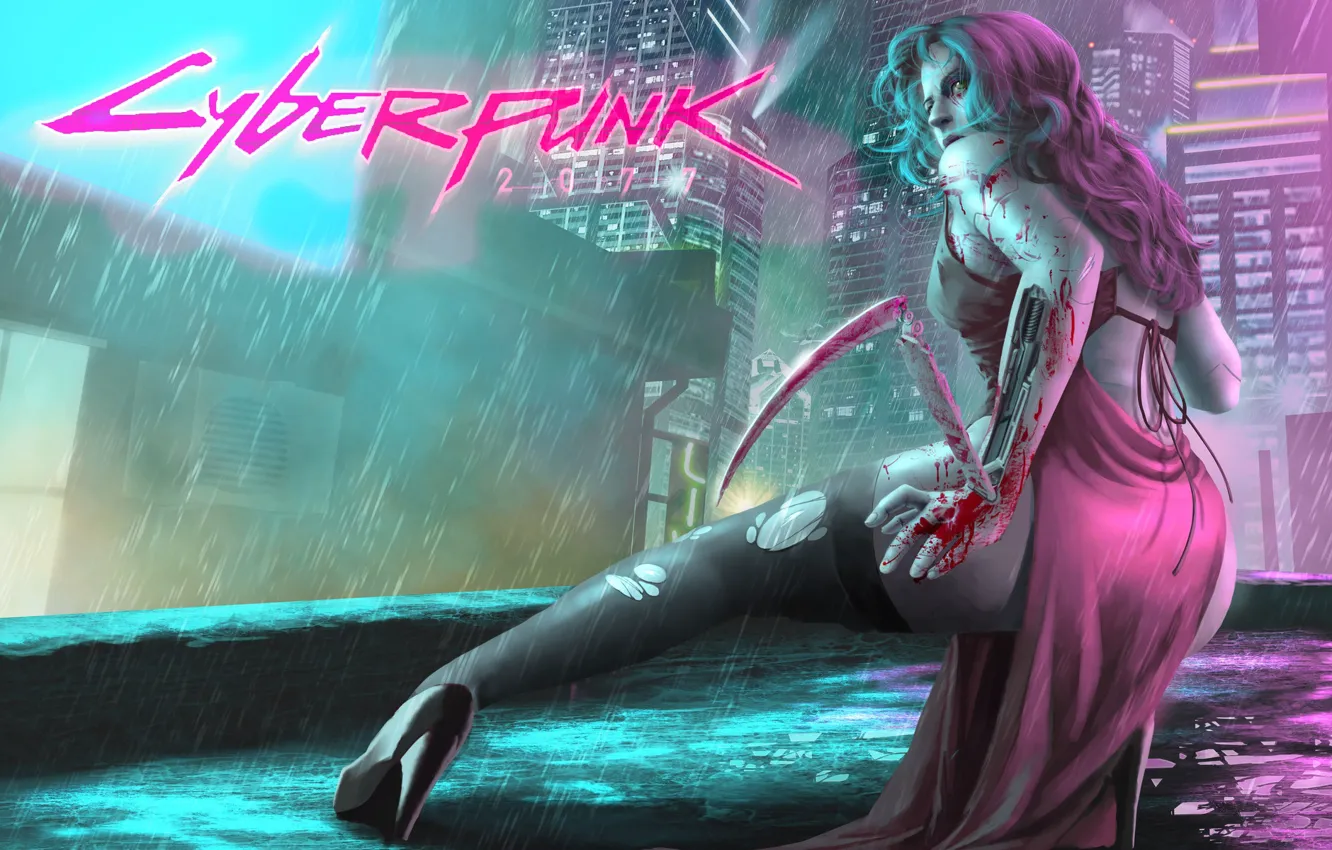 Photo wallpaper Girl, The city, The game, Rain, Art, Cyborg, CD Projekt RED, Cyberpunk 2077
