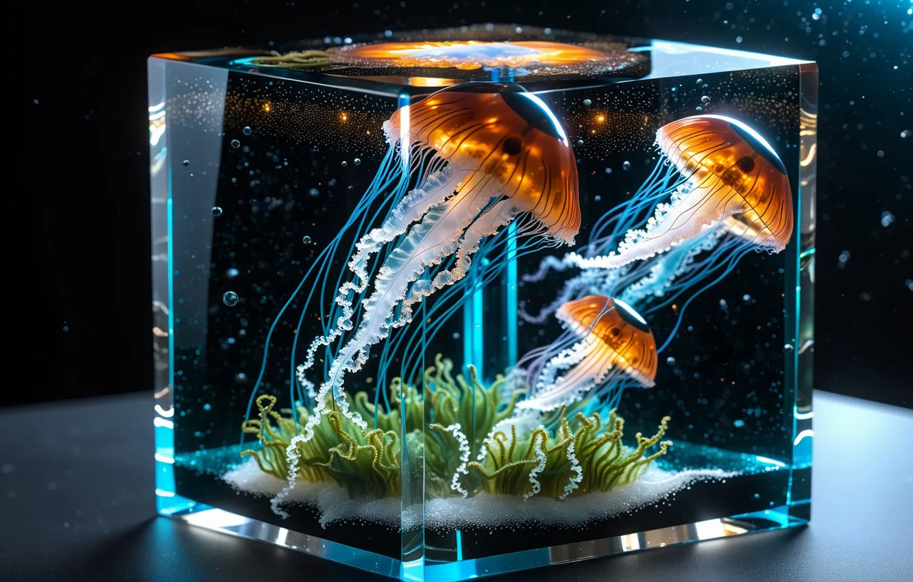 Photo wallpaper aquarium, squares, jellyfish