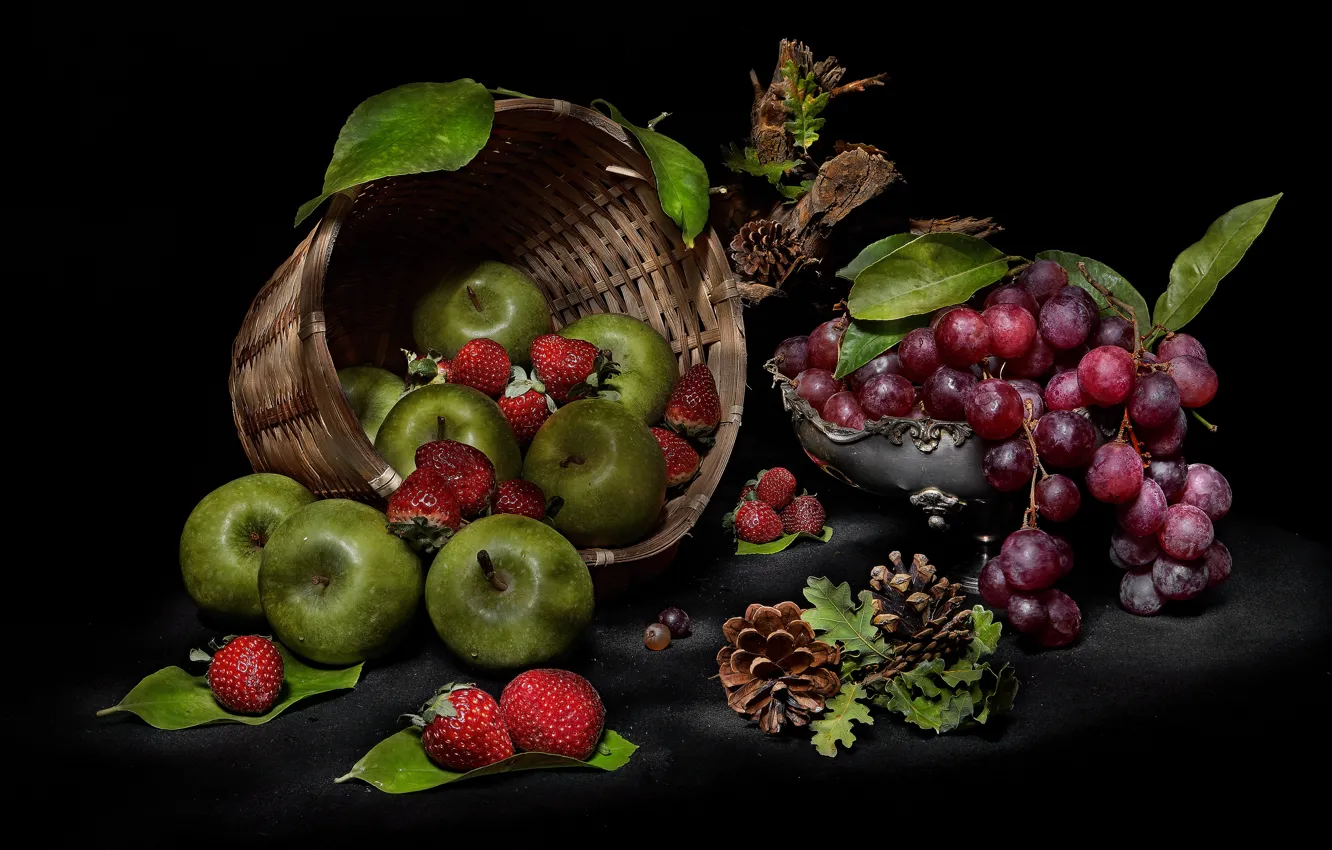 Photo wallpaper berries, apples, food, strawberry, grapes, fruit, black background, still life