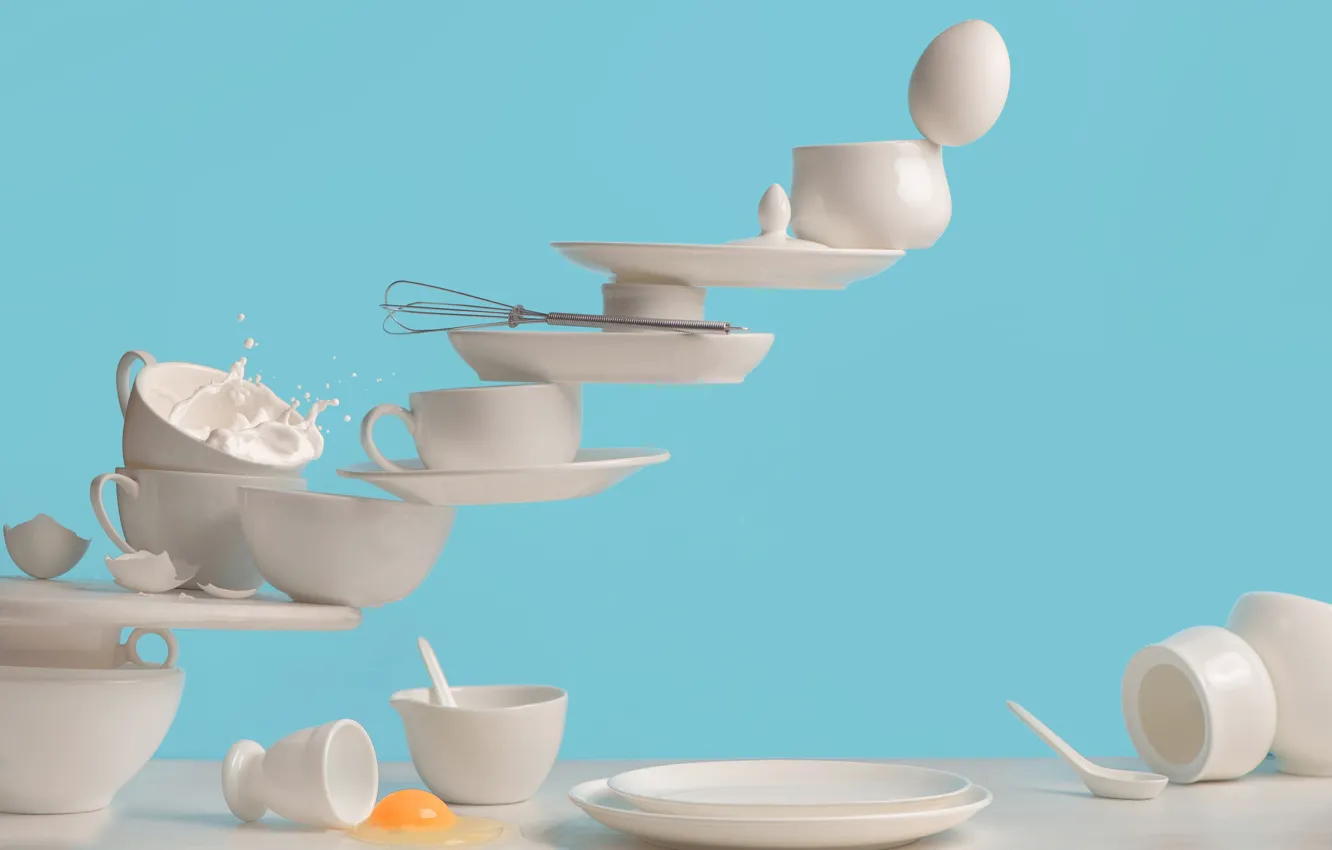 Photo wallpaper eggs, Cup, shell, saucers, One touch omelette